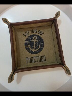 Mona B Nautical Anchor Canvas Catchall Tray in Rustic Brown Leather Trim Decor